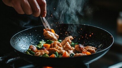 Close up of Stir fried Chicken and Vegetables in a Wok with Steam Rising