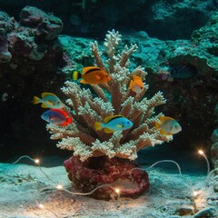 Obraz premium Festive scene of colorful tropical fish schooling around a glowing coral Christmas tree decorated with string lights on the sandy ocean floor.