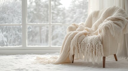 A woolen blanket draped over a chair by a frosty window, symbolizing cozy winter moments, isolated on a clean white background.