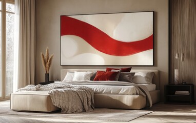 Web banner of an elegant bedroom interior with a minimalist beige wall, highlighted by red and white abstract art, and a sofa with a cozy blanket