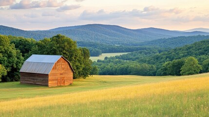 Serene landscape featuring a rustic barn amidst rolling hills and lush greenery at sunset.