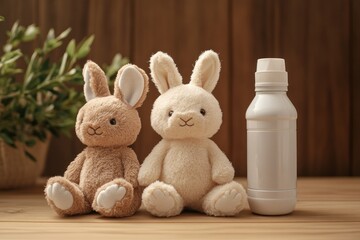 Cute Plush Bunnies and Bottle on Wooden Surface