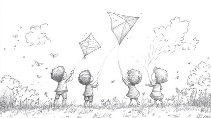 Children flying kites in an open field are depicted in this black line drawing for educational purposes. It features simple outlines and a crisp white background.