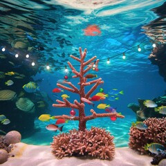 Fototapeta premium Unique underwater Christmas tree crafted from coral and decorated with festive string lights, surrounded by colorful tropical fish on a sunny reef.