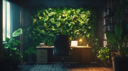 Fototapeta premium Indoor living wall with cascading vines and ferns, minimalist design in a contemporary home office, vibrant greens with soft lighting, cozy and elegant ambiance, ultra-realistic, HD quality.
