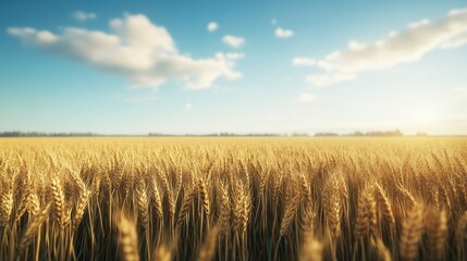 Lush golden wheat field under a bright blue sky with soft clouds, symbolizing abundance and the beauty of nature.