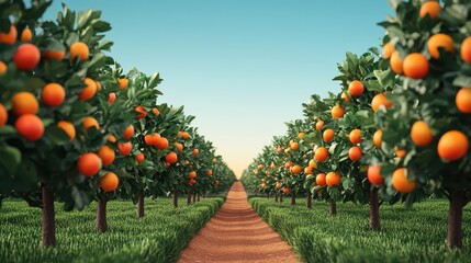 Scenic view of a vibrant orange orchard, featuring lush trees laden with ripe oranges under a clear blue sky.