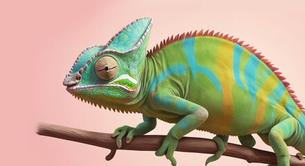 Fototapeta premium Playful chameleon cartoon with funny gestures, vibrant on a soft color background.