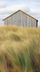 Obraz premium A weathered wooden shed surrounded by tall grass under a cloudy sky.