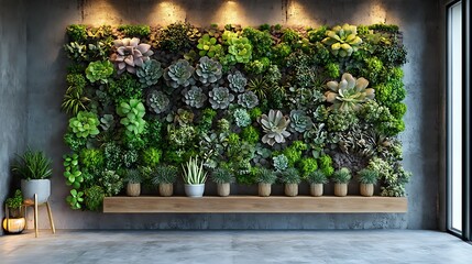 Indoor succulent wall with a mix of cacti and rosettes in muted greens and purples, designed for minimal care, gentle lighting enhancing colors and details, ultra-realistic, HD quality. --ar 16:9