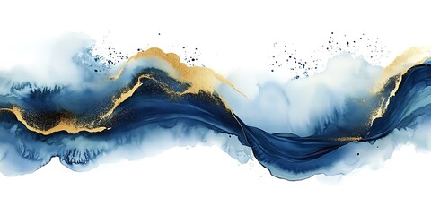 Obraz premium Abstract blue gold watercolour wave white background