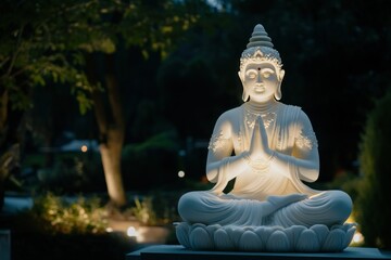 Obraz premium Serene White Buddha Statue in Tranquil Garden Setting