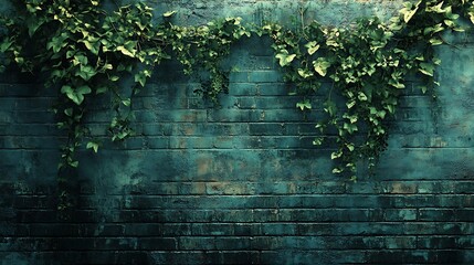 Fototapeta premium Industrial-style green wall with ivy and ferns spilling over raw brickwork, dim urban lighting, gritty textures, contrasting soft greenery with rugged structure, ultra-realistic, HD quality.