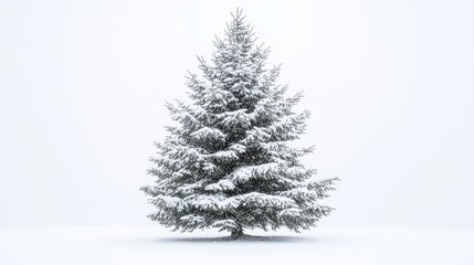 Fototapeta premium A snow-covered pine tree with delicate snowflakes falling, symbolizing the serene beauty of winter, isolated on a clean white background.