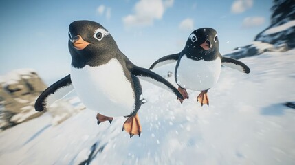 Obraz premium Two penguins waddle on snowy ground in a snowy landscape.