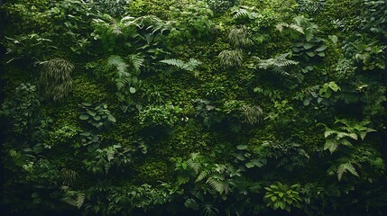 Obraz premium Living wall of lush moss and shade-loving plants, minimal ambient light enhancing deep, natural greens, tranquil and refreshing indoor atmosphere, highly realistic textures, HD quality. --ar 16:9