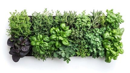Obraz premium Living wall with compact herb garden, fresh herbs like rosemary and oregano in a kitchen, natural lighting highlighting green textures, practical and inviting, ultra-realistic, HD quality. --ar 16:9