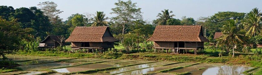 A serene rural landscape featuring traditional wooden houses and rice fields.