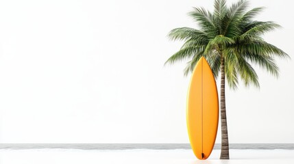 A surfboard leaning against a palm tree, symbolizing a thrilling beach holiday adventure, isolated on a clean white background.