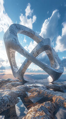 Fototapeta premium stunning abstract sculpture stands majestically on rocky landscape, reflecting skys beauty. intricate design and serene environment evoke sense of wonder and tranquility