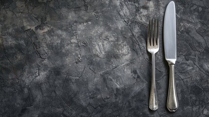 Steel knife and fork on dark concrete with space for text