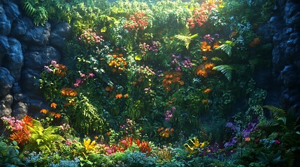 Lush, multi-layered living wall with layers of ferns, ivy, and flowering plants, vibrant colors and textures creating a natural depth, gentle lighting casting soft shadows, highly detailed,