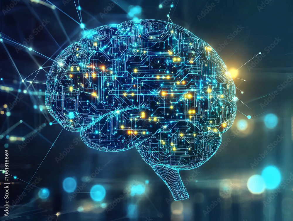 Poster futuristic illustration of brain with neural networks and circuits, symbolizing advanced technology 