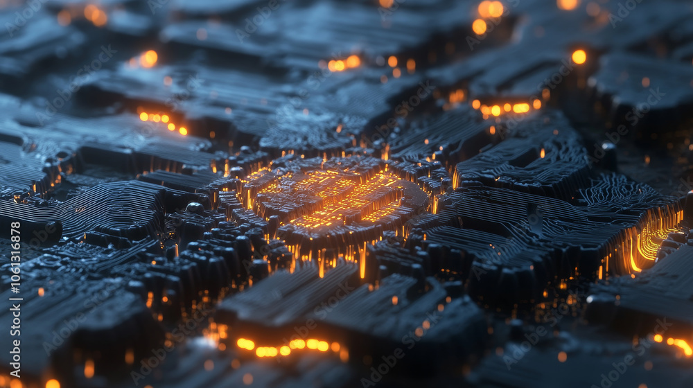 Poster futuristic digital circuit board with glowing orange lights, showcasing intricate patterns and techn