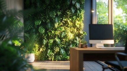 Minimalistic indoor living wall with cascading vines and ferns in a modern home office, clean lines and soft ambient lighting, elegant greenery enhancing the workspace, ultra-realistic, HD quality.