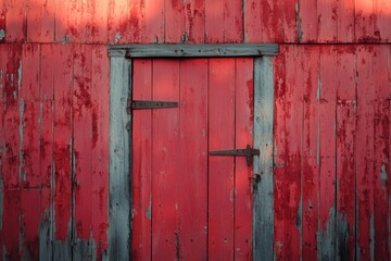 Red Wooden Door with Peeling Paint and Rusty Hinges
