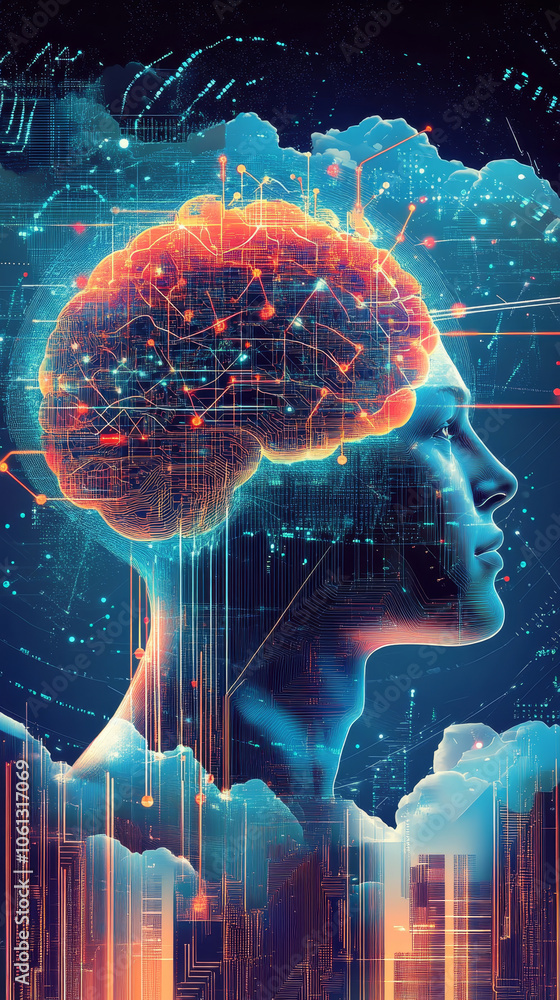 Poster futuristic illustration of brain with neural networks, showcasing advanced technology and data analy