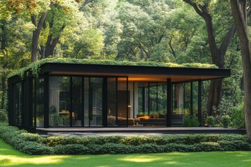 Modern Glass House in the Woods  Green Roof  Minimalist Architecture  Sustainable Living