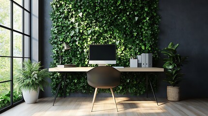 Fototapeta premium Modern home office with a minimalistic green wall, cascading vines and ferns adding subtle elegance, natural lighting highlighting lush greenery, ultra-realistic textures, HD quality. --ar 16:9