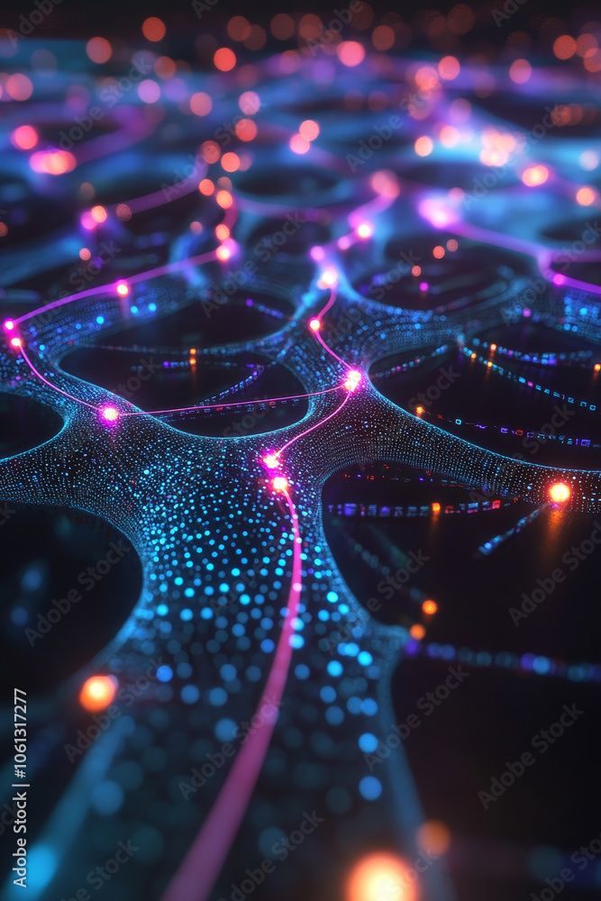 Poster futuristic illustration of neural networks with glowing nodes and connections, showcasing advanced t