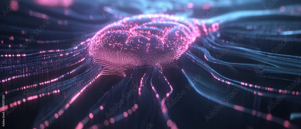 Poster futuristic neural networks visualized with glowing pink and blue lines, representing data flow and c