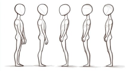 A tutorial explaining how to draw a simple human figure, from stick figures to more detailed lines, educational drawing isolated on a clean white background.