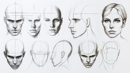 A tutorial illustrating the process of drawing a human face, from basic circles to final details, educational line drawing on a clean white background.