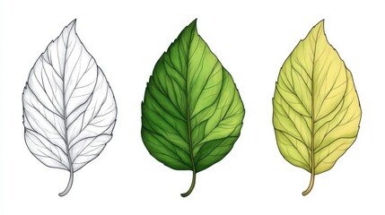 Fototapeta premium A tutorial showing how to draw a tree leaf, from basic outline to final shading, educational line drawing isolated on a clean white background.