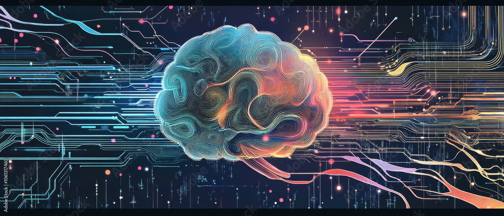 Poster futuristic illustration of brain connected to neural networks, showcasing vibrant colors and intrica