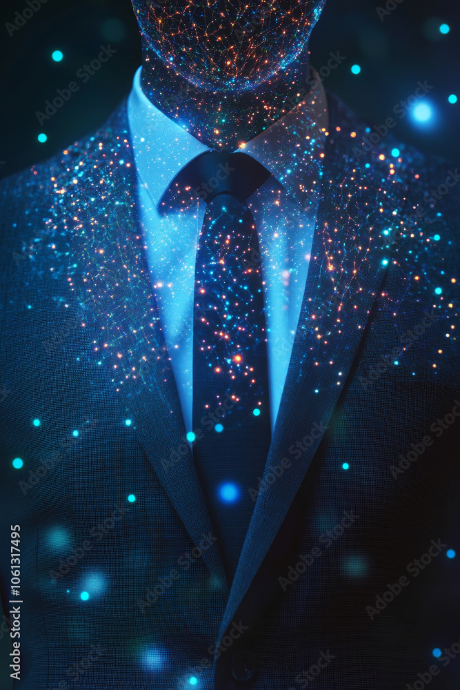 Poster futuristic illustration of suited figure with neural network design, symbolizing technology and inno