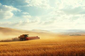 Fototapeta premium Combine Harvester Harvesting Wheat Field in Rural Landscape