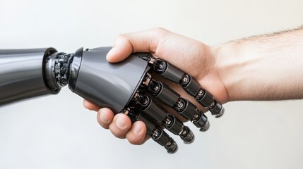 A human hand shaking hands with an AIpowered robotic hand, symbolizing collaboration between humans and AI