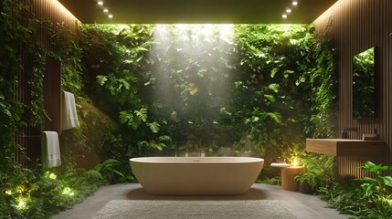 Refreshing bathroom green wall with moisture-loving plants, mist settling over ferns and tropical leaves, soft, diffused lighting, spa-like tranquility, high clarity, hyper-realistic. --ar 16:9