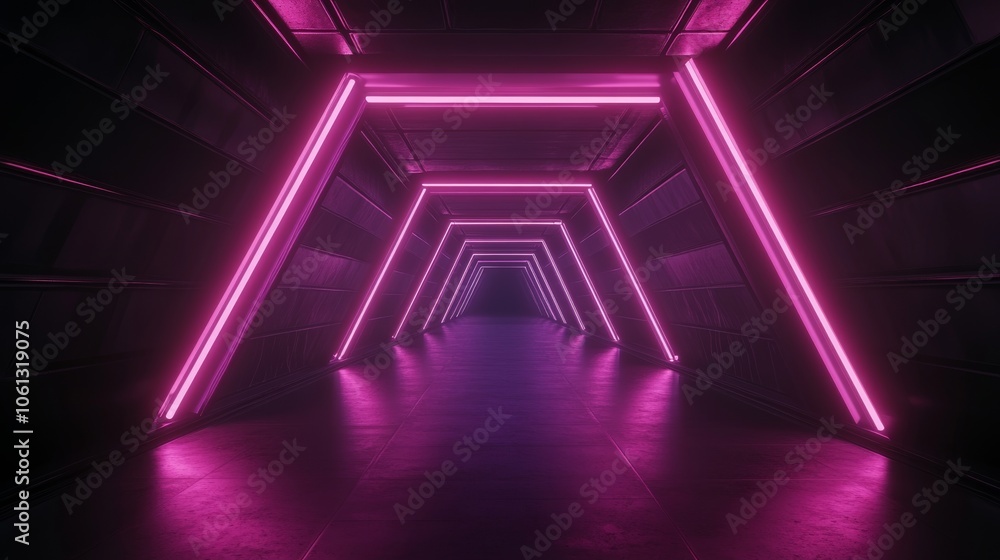 Poster background with a neon light tunnel perspective. illustration of a dark corridor with triangle-shape