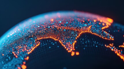 A 3D search engine globe with interconnected data points, each point highlighting a search query, symbolizing global search capability
