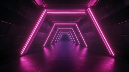 background with a neon light tunnel perspective.  illustration of a dark corridor with triangle-shaped geometric lamps and lighting that glows in purple and pink