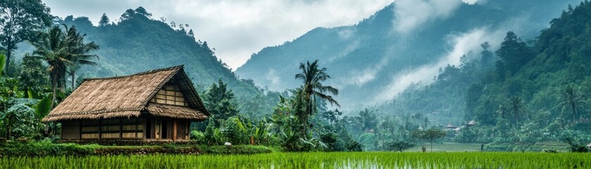 A serene rural landscape featuring a traditional house amidst lush green rice fields and mountains.