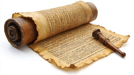 A scroll of the Torah opened with a yad (pointer) beside it, symbolizing Simchat Torah, isolated on a clean white background.
