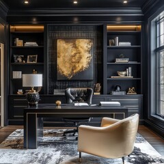 Cozy modern home office with a black and gold color palette, plush seating, sleek furniture, and subtle decorative accents for a sophisticated look