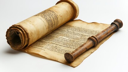 Fototapeta premium A scroll of the Torah opened with a yad (pointer) beside it, symbolizing Simchat Torah, isolated on a clean white background.